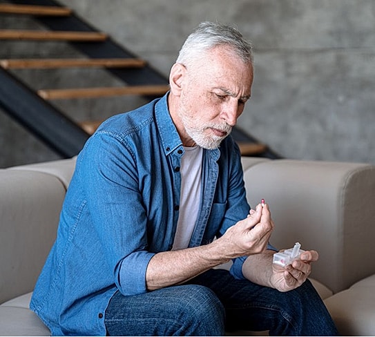 Senior man holding medication in living room.